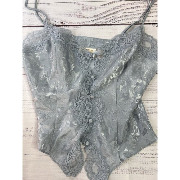 Victoria's Secret Gold Label Vintage Medium Blue Satin Button Lace Camisole Y2K - Picture 7 of 10